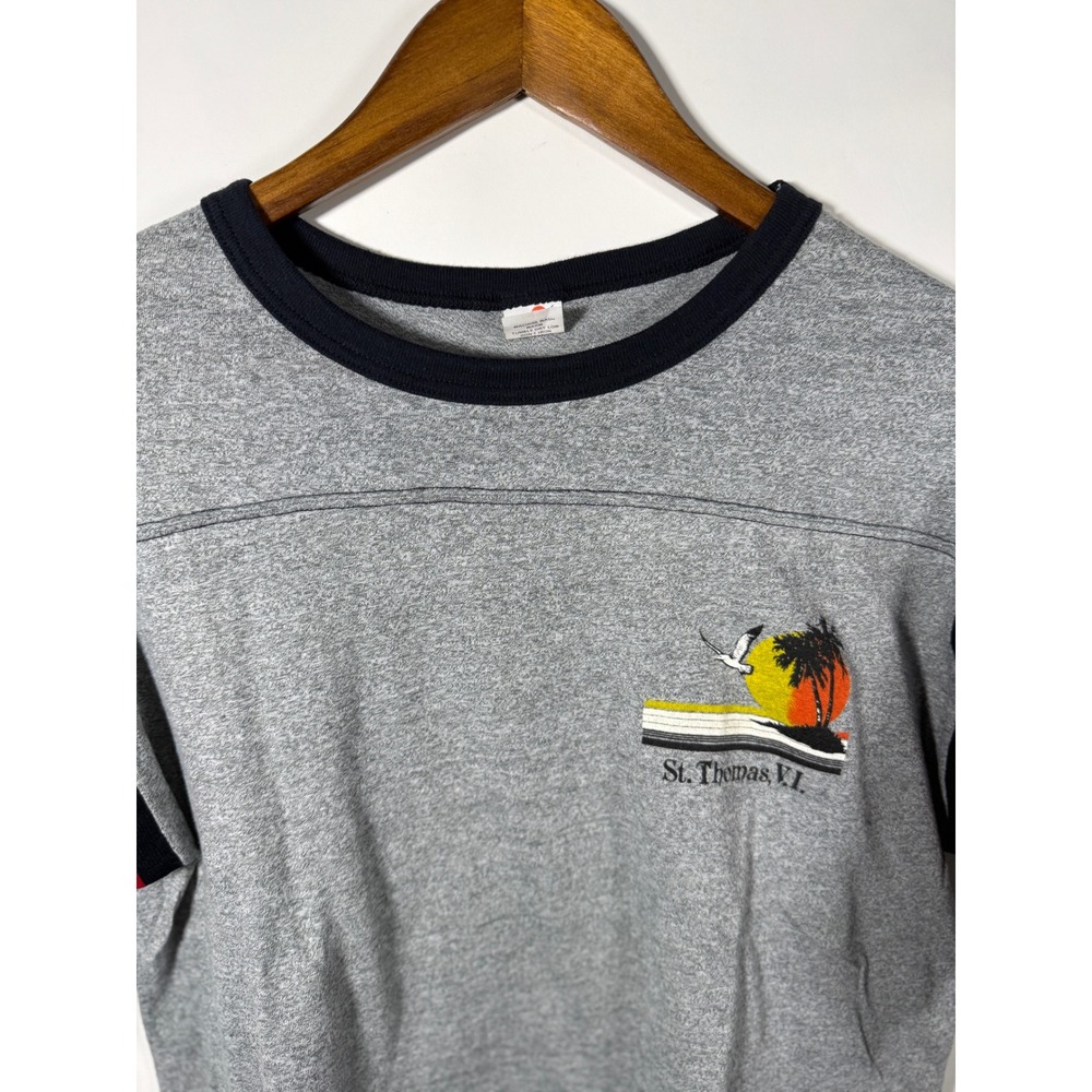 Sherry Mens‎ St Thomas VI Graphic T Shirt Ringer Tee Gray Red Black Stripe Large